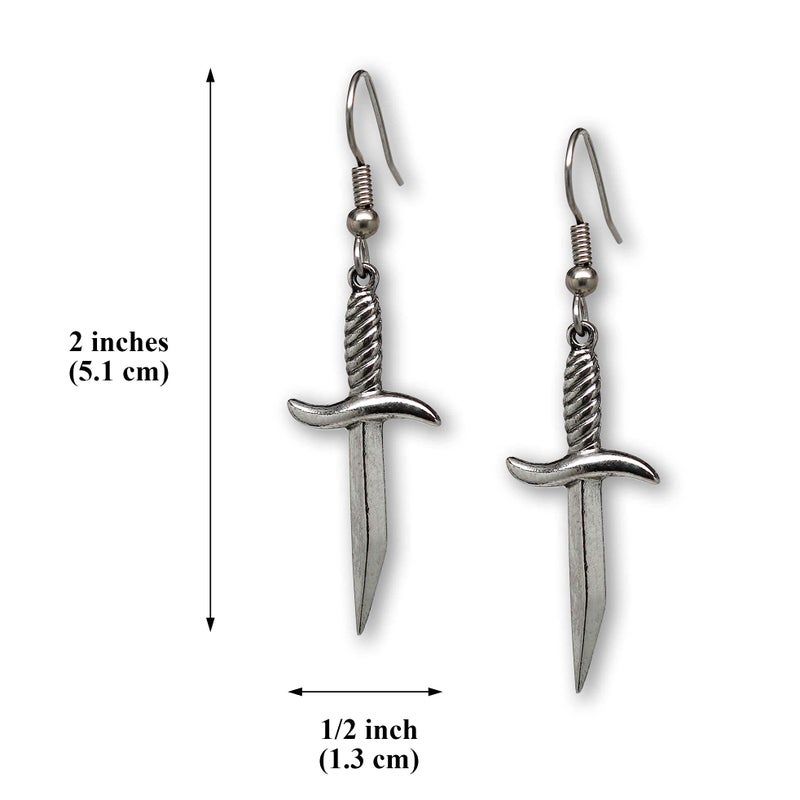 Real Metal Gothic Dagger Sword Pirate Medieval Renaissance Silver Finish Dangle Earrings - Image 3